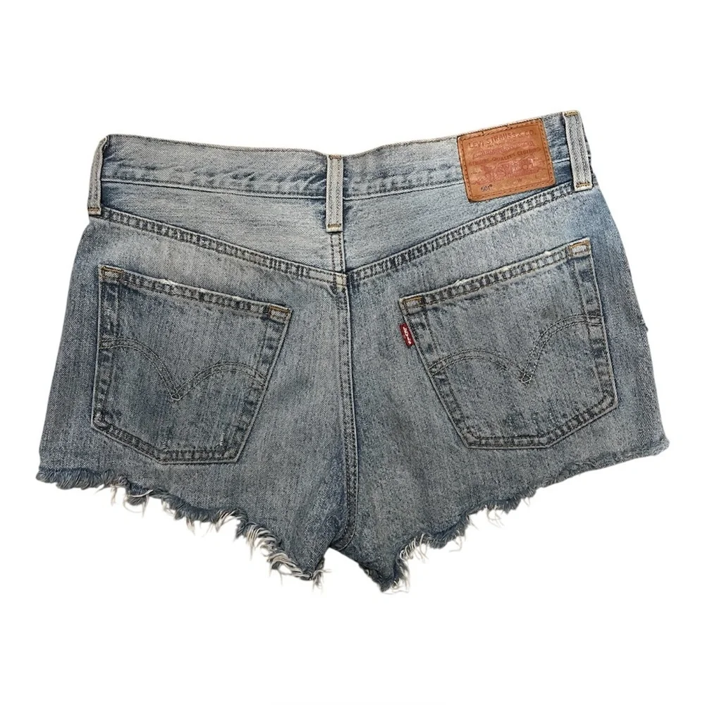 Levis Premium 501 Blue Distressed Denim Jean Shorts Frayed- Size 28